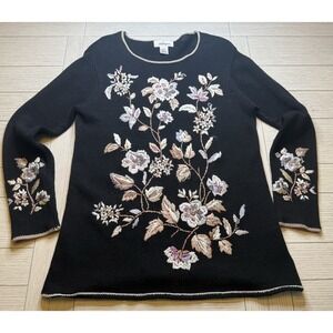 Worthington Vtg Women M Long Black Sweater Embroidered Floral 80s Cottage Granny